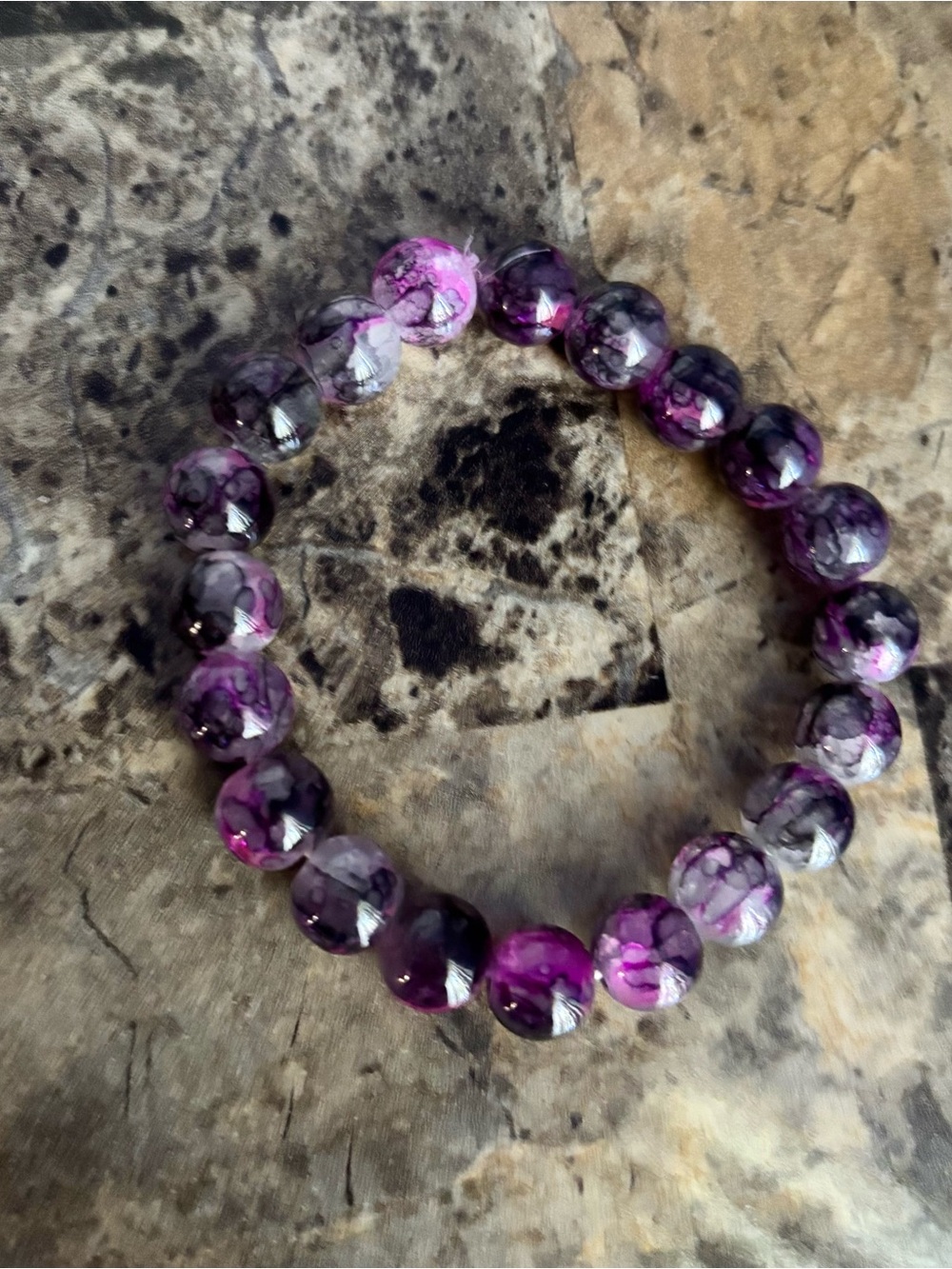 Handmade 6 pcs Glass Stone Purple Beaded Stretch Bracelet
